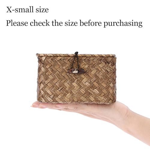 Hipiwe Seagrass Basket with Lid Wicker Storage Basket Square Handwoven Decorative Baskets Box for Shelf Multipurpose Household Baskets Home Decor,X-small - color: Coffee, size: X-small