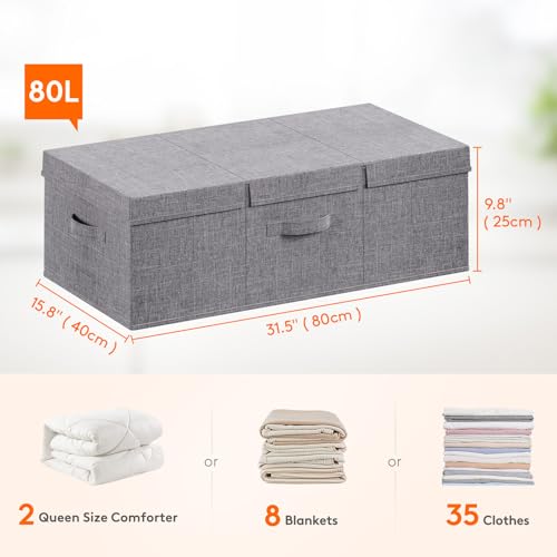 Lifewit 80L Under Bed Storage Containers, 9.8 Inch Tall Underbed Clothes Storage Organizer Bin with Sturdy Sidewalls, Bottom, 3 Lids, Deep Storage Drawer for Clothes, Shoes, Blankets, Pillows 2 Pack - size: 80L
