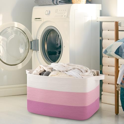 OIAHOMY Extra Large Blanket Basket, 95L Cotton Rope Woven Laundry Basket, Toy Bin for Baby Room, Container for Blanket Storage in Living Room, 24''×17''×14'', Gradient Pink - color: Gradient Pink, size: 95L