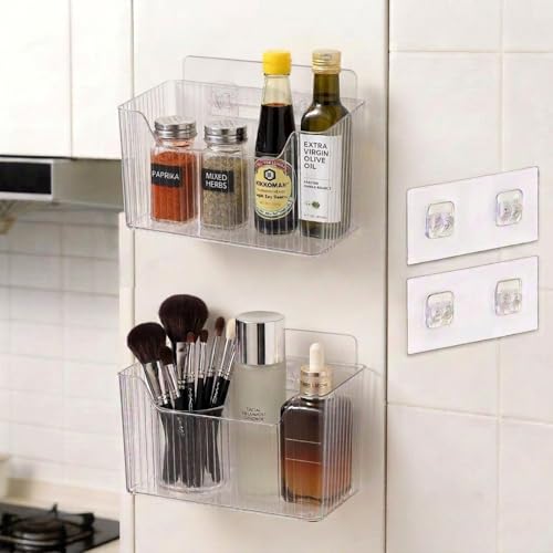 2 Pack Self Adhesive Cabinet Door Organizer, Transparent Stackable Wall Mounted Organizer boxes, Storage Holder Basket for Kitchen, Bathroom, Pantry Organization and Countertops