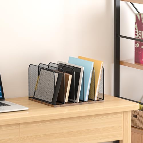 Piskyet Wooden Desk File Organizer, 5-Section Vertical File Folder Holder Stand,Metal Mail Paper Chromebook Organizer for Teacher Desk Office Classroom Desktop Organization - size: 5-Section