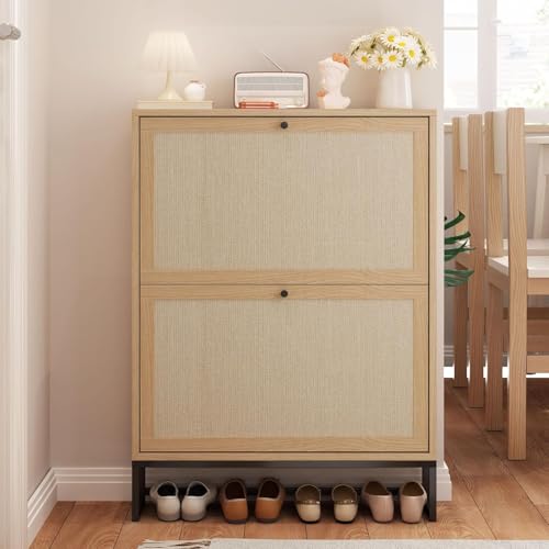 Shoe Cabinet Storage for Entryway, Hidden Narrow Shoe Cabinet with Flip Drawers, Freestanding Shoe Rack Organizer with Metal Base (Natural, 2-Drawer-No Divider) - color: Linen-natural, size: 2-Drawer-No Divider