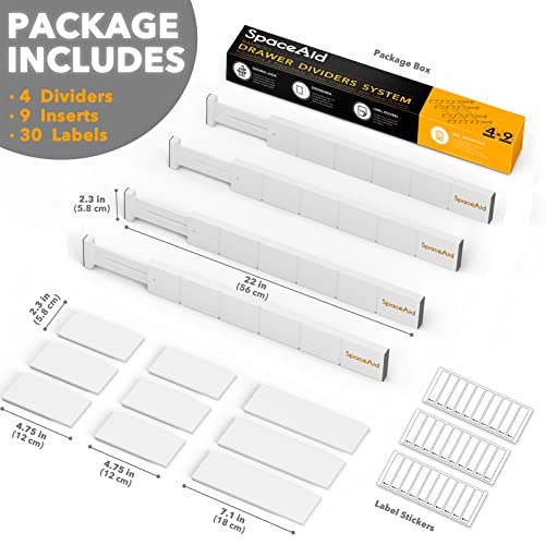 SpaceAid Bamboo Drawer Dividers with Inserts and Labels, Kitchen Adjustable Drawer Organizers, Expandable Organization for Home, Office, Dressers, 4 Dividers with 9 Inserts (17"-22" White) - color: WHITE, size: 2.35''H, 17''-22''L, 4 Dividers