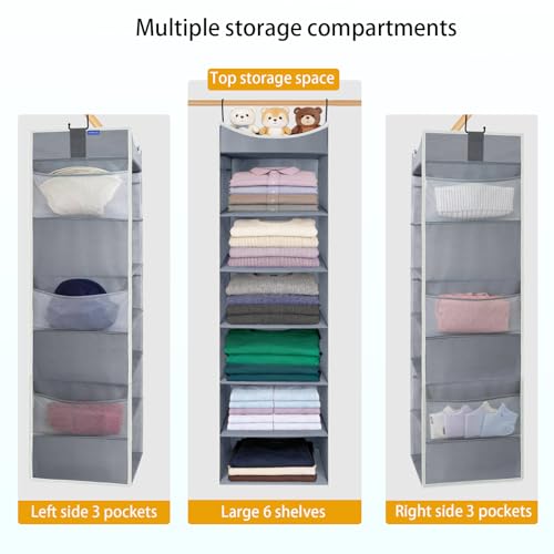 6-Shelf Hanging Closet Organizer and Storage with 6 Side Pockets, Collapsible Closet Hanging Shelves for Storage, Grey - size: 6-shelf