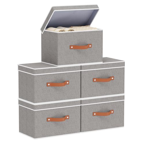 Collapsible Boxes, Linen Foldable Storage Bins with Lids, 15 x 9.8 x 9.8 Inch Storage Baskets with Double Handles, Grey, 5-Pack - color: Grey, size: 15x9.8x9.8in(5-Pack)