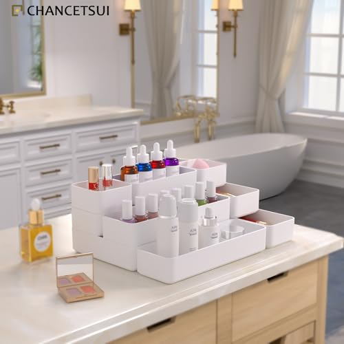 9 Pcs Stackable Drawer Organizer Trays Set, Multifunctional Stackable Storage Trays for Vanity, Bathroom, Kitchen, Desk Drawer Organizer Office. Plastic Drawer Organizers Available In 5 Colours, White - color: 9-4White