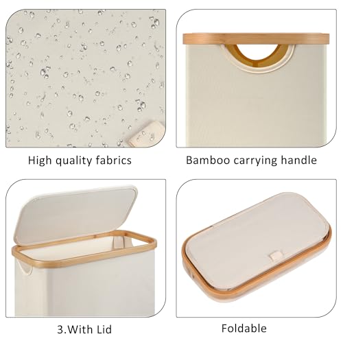 Slim Laundry Hamper,Narrow laundry Hamper with Lid,60L Hamper for Laundry,Dirty Cloth Hamper with Bamboo Handle for Towels, Clothes Organizing,Beige - color: Beige, size: 60L Slim