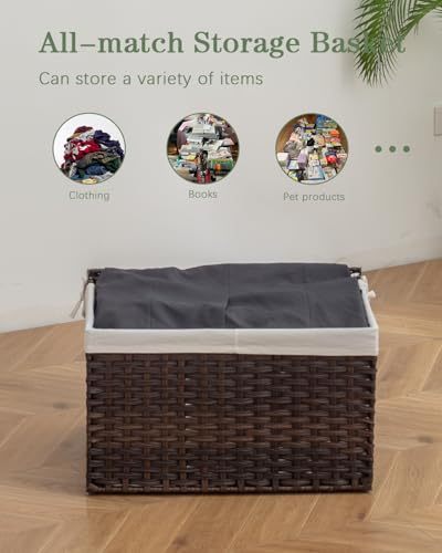 SETVSON Storage Basket with Lid Rattan Woven Storage Baskets with 2 Separate Lids, 17.2 Gallon (65 L), 22 x 13 x 13.8 Inches,Foldable, 2 Removable Liner Bags Handles for Bedroom, Laundry Room Brown - color: Brown, size: 65L-22L*13W*13.8H