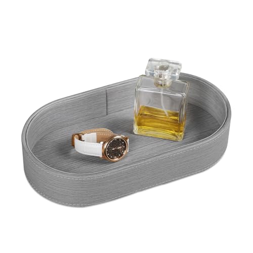 Oval Desk Valet Tray, PU Leather Perfume Dish Bowl for Keys Wallet Watch, Decorative Trinket Vanity Jewelry Tray, Entryway Nightstand Organizer Women Men (Grey) - color: Gray