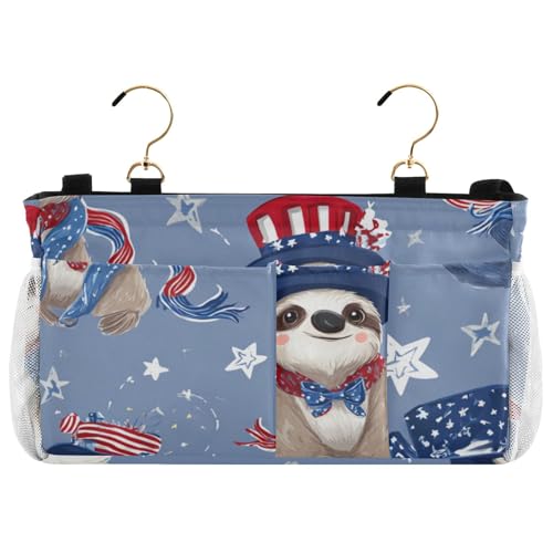 Bedside Caddy Metal Frame Hanging Organizer Bunk Bed Dorm Accessories Hook And Loop Storage Bag Large Pockets American Spirit 4th July Sloths Blue - color: American Spirit 4th July Sloths Blue