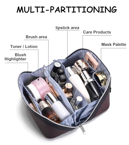 BOYATU Travel Makeup Bags Organizer for Women: 3 Pcs Set Cosmetic Bag - Large Make up Bag with Compartments - Flat Open Waterproof Leather Toiletry Bags for Skincare, Brushes & Travel Essentials - Red - color: 10-Red