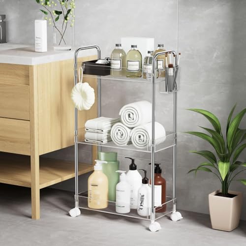 SPACEKEEPER 3 Tier Acrylic Storage Rolling Cart Clear Bathroom Cart Organizer, Transparency Laundry Room Organization Mobile Shelving Unit Multifunction Rolling Utility Cart for Office Living Room - size: 3 Tier