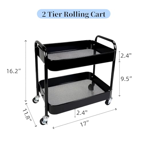 2 Pack Pantry Cart 2 Tier Small Rolling Cart with Wheels for Under Desk Storage, Short Rolling Utility Cart Large Basket Metal Kitchen Shelf with Mesh Laundry Room Organizer Side Table, Black - color: Black, size: 2-tier 2pc