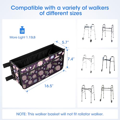 Dotday Upgraded Walker Basket with Cup Holder, Foldable Walker Bag with Large Capacity & Never Tipping Over- Not Fit for Rollator - color: Purple