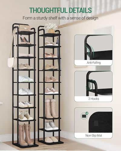 Hzuaneri Vertical Shoe Rack, Shoe Shelves, Wood Shoe Organizer for Closet, Entryway, Shoe Tower for Small Spaces, Free Standing, Adjustable, with 2 Hooks, 10 Tier Black SR11204B - color: Black, size: 10 Tier(11.8"D x 10.4"W x 67.3"H)