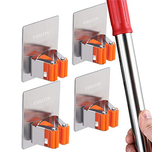 Broom Holder Wall Mount, 4 Pack Orange Stainless Steel Mop and Broom Organizer, Heavy Duty 15 Lbs Self Adhesive Tool Hanger, No Drill Broom Hooks for Garage, Kitchen, Bathroom Organization - color: Orange (4 Pack)