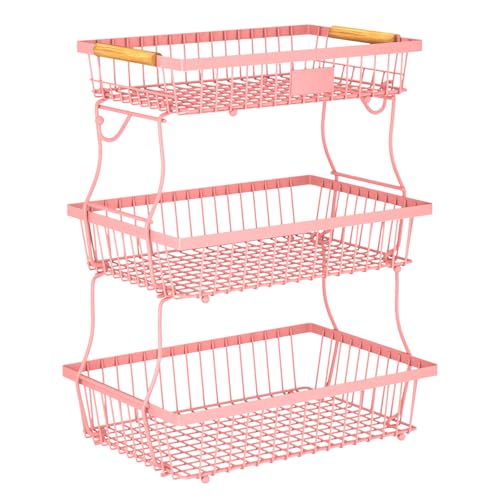 3 Tier Fruit Basket for Kitchen Counter with 2 Banana Hangers, Countertop Metal Fruit Bowl with Wooden Handle, Large Storage Stand for Vegetables, Snacks, Breads, Produce Storage – Pink - color: Pink, size: 3 Tier