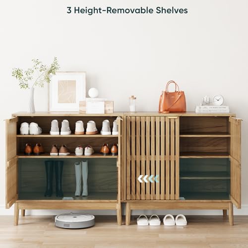 Kiasthome Shoe Storage Cabinet with Ventilated Slatted Doors, Wooden Shoe Organizer, Shoes Rack for Entryway, Hallway, Living Room - color: Natural Wood, size: 31.5" W
