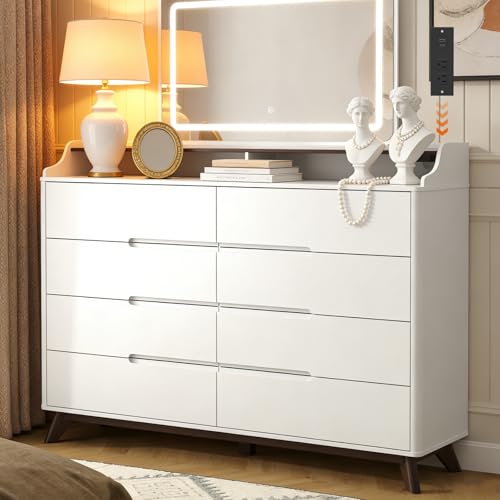 Dresser for Bedroom with 8 Drawers, 55" Large Dresser & Chest of Drawers with Charging Station, Wood Closet Clothes Storage Tall Dressers Organizer for Bedroom Living Room Hallway (White) - color: White, size: 16"D x 55"W x 46"H (8 Drawers)