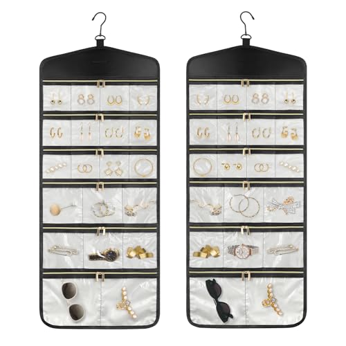 CHICECO Hanging Jewelry Organizer With Zippered Pockets,40 Pockets Travel Jewelry Organizer Storage for Cloest,Wall,Door - color: 1Beige