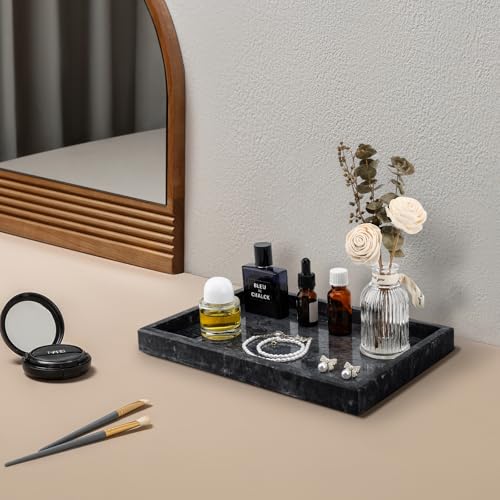 Real Natural Marble Tray for Bathroom, Vanity, Kitchen and Desktop, Rectangle Genuine Marble Stone Tray for Jewelry, Cosmetics, Candles, Lotion, Perfume and Home Decor Black - color: Gray, size: 12" x 8" x 1.2"