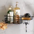 TAILI Shower Caddy Suction Cup with Hooks and Soap holder, Heavy Duty Bathroom Shower Organizer, No Drilling Bathroom Holder with Large Capacity, Metal Black Storage Basket - style: 1×Black