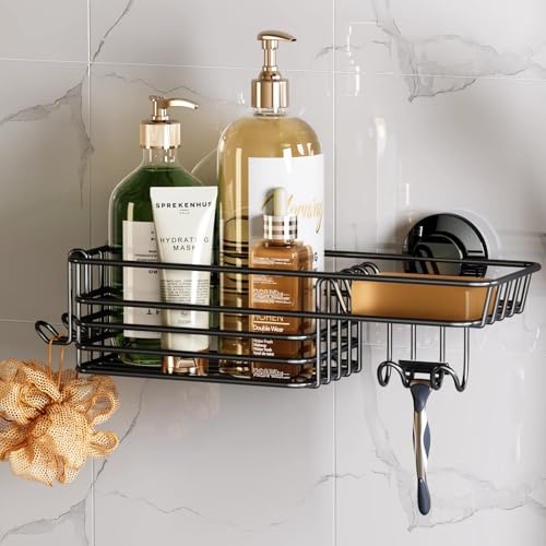 TAILI Shower Caddy Suction Cup with Hooks and Soap holder, Heavy Duty Bathroom Shower Organizer, No Drilling Bathroom Holder with Large Capacity, Metal Black Storage Basket - style: 1×Black