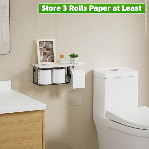 VITVITI Toilet Paper Holder with Shelf, Wall Mounted Toilet Paper Storage Basket, Wood Metal Toilet Roll and Wipes Holder for Bathroom Farmhouse (Vintage White) - color: Vintage White