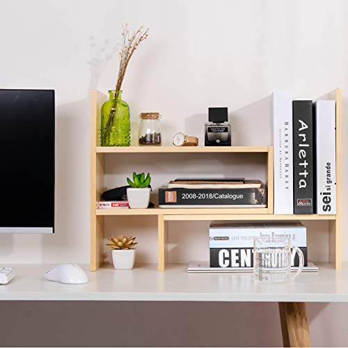 VERGOODR Desktop Organizer Office Storage Rack Adjustable Natural Wood Display Book Shelf Stand Rack Wood Caddy Desk Organizer Set Office Storage Expandable Tabletop - color: Beige