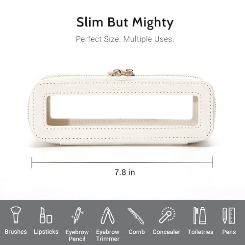 Aveniee Clear Makeup Brush Bag,Slim Cosmetic Brush Holder,Small Toiletry Bag Mini Travel Case for Women,Thin Make up Bags with Dual Zipper,Cute Travel Essentials Organizer,White - color: Off-White, style: Slim Elegance