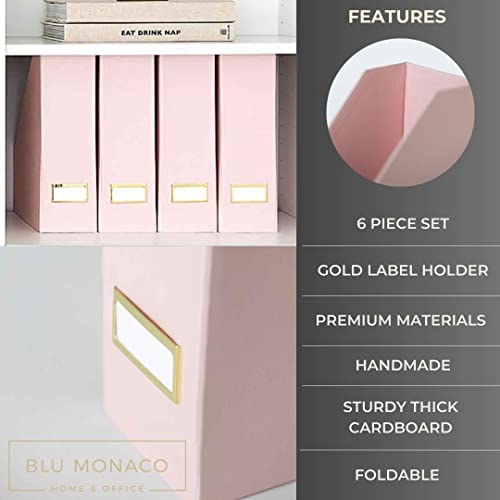 BLU MONACO | Cardboard Magazine File Holder Set of 6 Pink | Vertical Magazine File Holder with Gold Label Slots | Standing File Holder and Cardboard Bins for Shelves Desk Storage - color: Pink