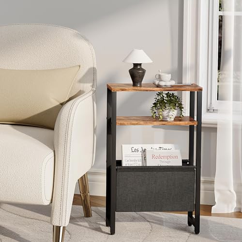 Narrow Side Table, Slim End Table with Magazine Rack, Bedside Table for Small Spaces, 3 Tier Sofa Couch Table Nightstand for Living Room, Bedroom Rustic Brown LET503R - color: Rustic Brown