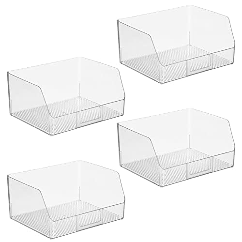 mDesign Wide Plastic Kitchen Food Storage Organizer Bin Basket with Open Front and Built-In Label Holder for Cabinets, Pantry - 12 Inch Width - 4 Pack - Clear