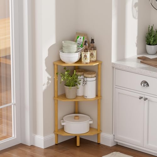 3 Tier Bamboo Corner Shelf, Storage Stand with Adjustable Feet, Small Space Corner Bookcase, Outdoor Plant Stand, Space-Saving Organizer for Bathroom Kitchen Living Room - size: 3 Tier