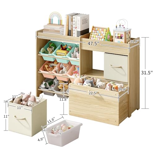 EXPERLAM Toy Storage Organizer for Kids, 9-Bin Toy Organizer with 2-Drawers,Movable Toy Chest and Top Rack, Kids Bookshelf and Toy Storage for Playroom, Bedroom, Nursery, Multi-Color - style: Multi Bins