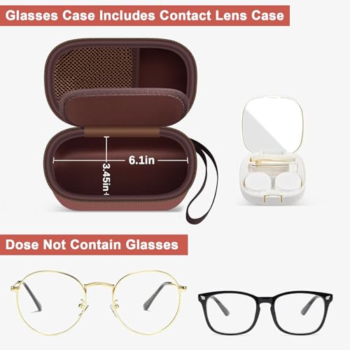 Portable 2 in 1 Contact Lens Case and Glasses Case, Traveling Contact Cases Bag Box Holder with Soak Storage Kit Included Built-in Mirror, Tweezer, Contact Lens Solution Bottle and Hand Strap-Brown - color: Brown