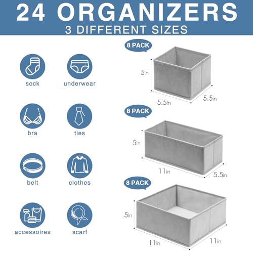 Criusia Drawer Organizer Clothes 24 Pack, Fabric Closet Organizers and Storage Bins for Underwear Sock, Odorless Dresser Drawer Dividers for Baby Nursery Organization (Grey) - color: Grey, size: 24 Pack
