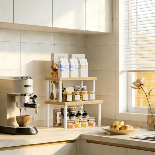 HOOBRO Cabinet Organizer Shelf, kitchen countertop organizer, Kitchen Storage, Spice Rack for cabinet, Stackable, Expandable, for Countertop,kitchen,cabinet, White and Natural WN15TL01 - color: Natural+White