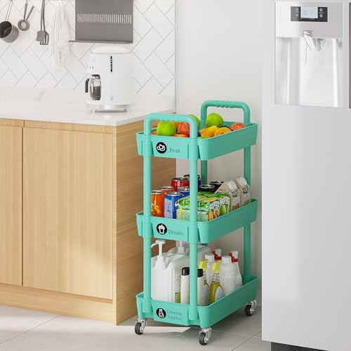 Laiensia 3-Tier Rolling Cart with Wheels,Multifunction Utility Storage Carts, Kitchen Storage Organizer,Mobile Shelving Unit for Bathroom,Laundry,with Classified Stickers,Green - color: Green, size: 3-Tier