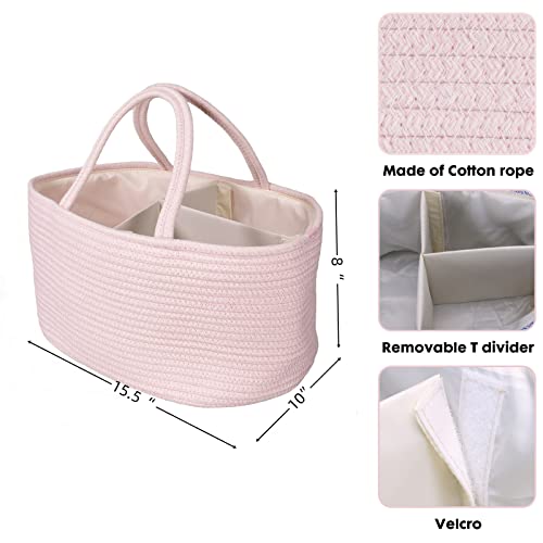 Large Baby Diaper Caddy Organizer for Girl Boy Rope Nursery Storage Bin Basket Portable Holder Tote Bag for Changing Table Car Travel Baby Shower Gifts Newborn Essentials Registry Must Haves Pink - color: Light pink, size: Large