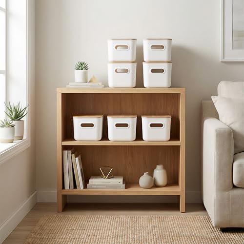 Citylife Storage Bins with Bamboo Lids 7QT Plastic Storage Containers Stackable Organizer Boxes with Handle for Desk Snacks, Toys, 4 PCS, 10" L x 7" W x 5.8" H - size: Small, style: 4 Pack