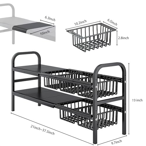 Under Sink Organizer，2 Tier Expandable Heavy Duty Metal Shelf，with 5 Removable Panels and 5 Storage Basket for Under Kitchen Bathroom Sink Organizers and Storage(X-Large,Black) - color: Black, size: X-Large