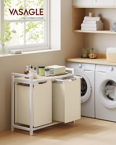 VASAGLE Laundry Hamper, Laundry Basket Sorter with 2 Pull-Out and Removable Bags, Shelf, Metal Frame, 2 x 12.1 Gallons (46 L), 28.8 x 13 x 28.4 Inches, Cappuccino Beige and Natural Beige UBLH201LH01 - color: Cappuccino Beige + Natural Beige, size: 2 Bags