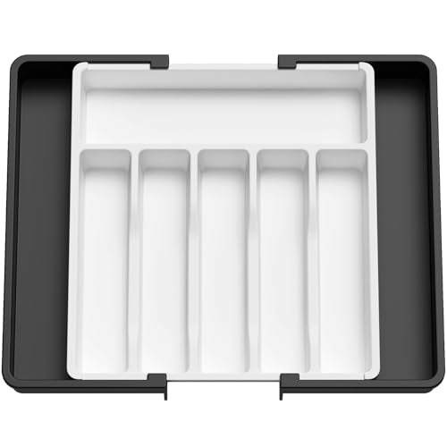 Lifewit Silverware Drawer Organizer, Expandable Utensil Tray for Kitchen, BPA Free Flatware and Cutlery Holder, Adjustable Plastic Storage for Spoons Forks Knives, 13-22 x 15", White&Black - color: White&black, size: XL (13-22''W x 15''D)
