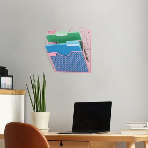 EASEPRES Mail Organizer Wall Mount Hanging File Holder Storage, Metal Chicken Wire Magazine Rack 3 Tier, Pink - color: Pink, size: 3 Tier