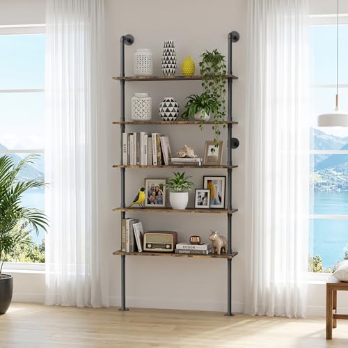 Merapi Rustic Industrial Bookshelf, 78.6" Tall 5-Tier Storage Shelf with Solid Wood & Metal Frame, 9.8" D x 35.4" W for Living Room, Office, Bedroom Farmhouse Display - style: 5-tier Vintage Industrial