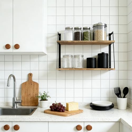 SRIWATANA Floating Wall Shelves, 2-Tier Rustic Wood Shelves for Bedoom, Bathroom, Living Room, Kitchen(Carbonized Black) - color: 1. Carbonized Black