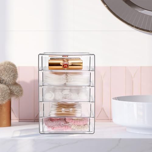 BTSKY Clear Acrylic Storage Organizer with Drawers, 5-Layer Desktop Organizer for Office Essentials, Multi-Purpose Stackable Container for Bathroom Vanity, Desk Makeup Jewelry Container Storage Box - size: 5-layer