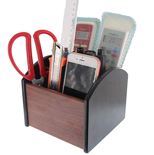 Coideal Remote Control Holder Caddy Wood, Rotating Wooden Pen Pencil Holder Organizer Medium Revolving Desktop Office Supplies Storage for Table (4 Compartments) - size: 4 compartments