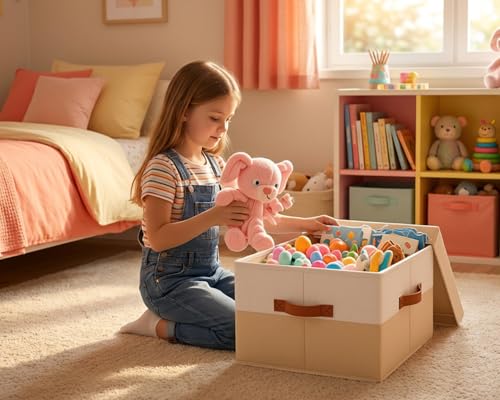 Homsorout Large Toy Box with Lid - 2 Pack Toy Storage Organizer Chest with Double-Open Lid & Divider, Stackable Colthes Storage Organizer, Foldable Toy Bin with Label Tag for Nursery, Playroom - color: white with beige, size: 2 Pack